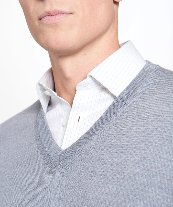 Pale Grey Merino Wool V-Neck Sweater