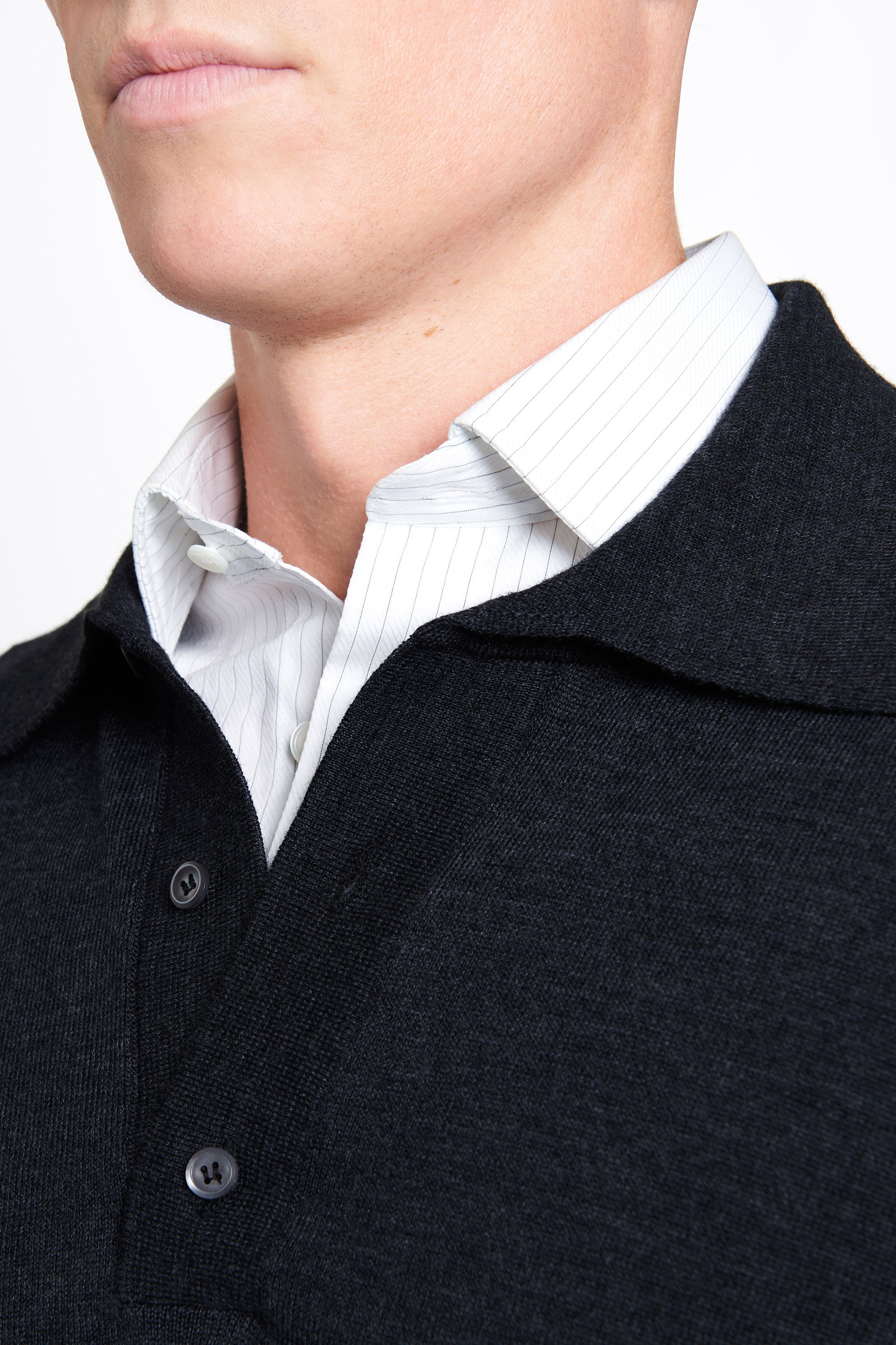 Grey Merino Wool Long Sleeve Polo Shirt