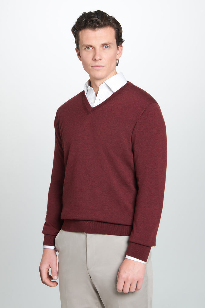 Burgundy Merino Wool V-Neck Sweater