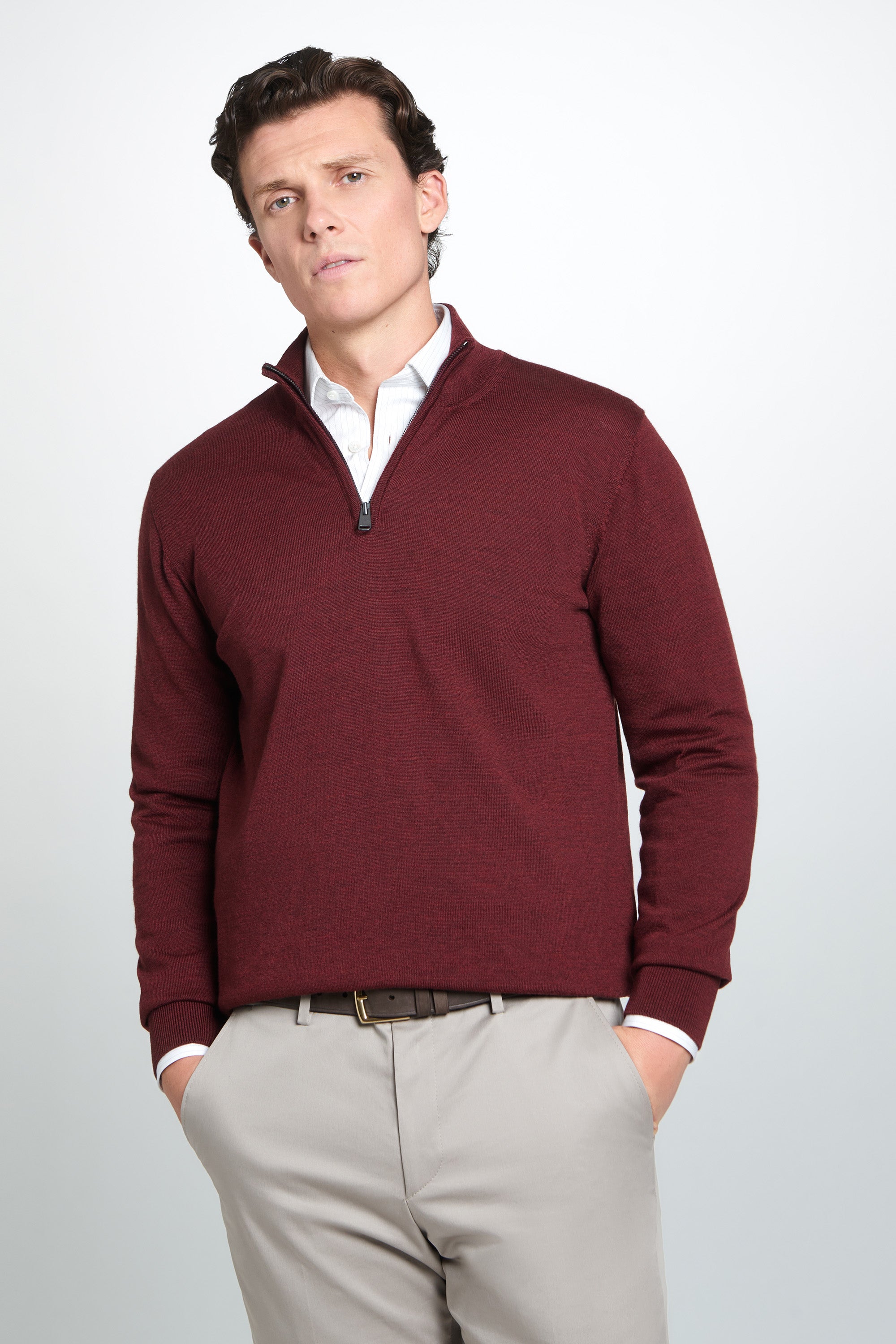 Burgundy Merino Wool Zip Neck Sweater