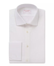 White Slim Fit Evening Double Cuff Pleat Front Plain Poplin Shirt