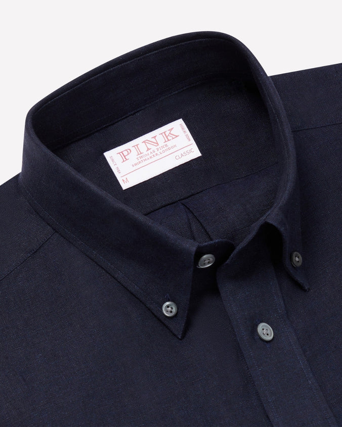 Navy Classic Fit Essential Linen Button Down Smart Casual Shirt