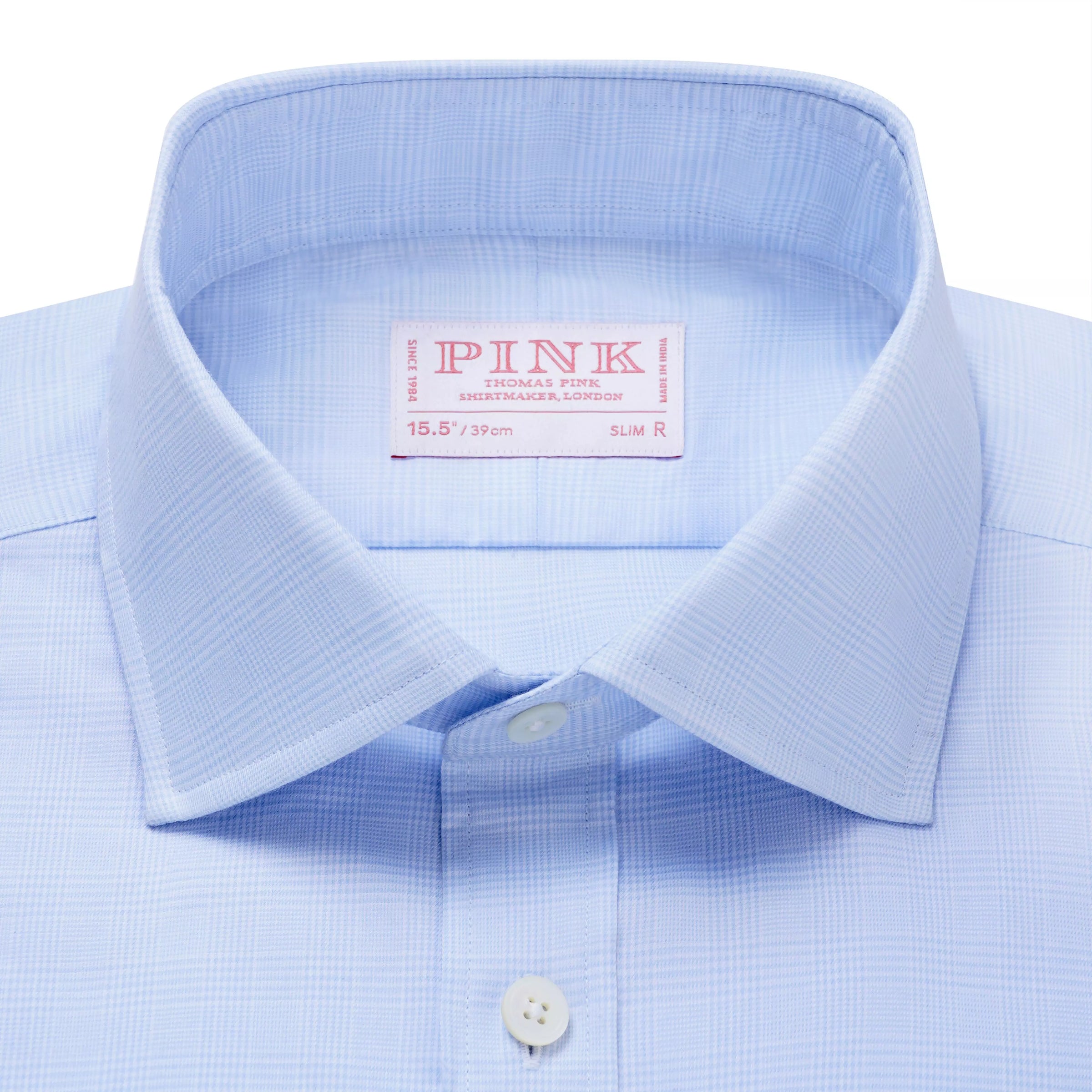 Pale Blue & White Slim Fit Double Cuff Prince of Wales Check Formal Shirt