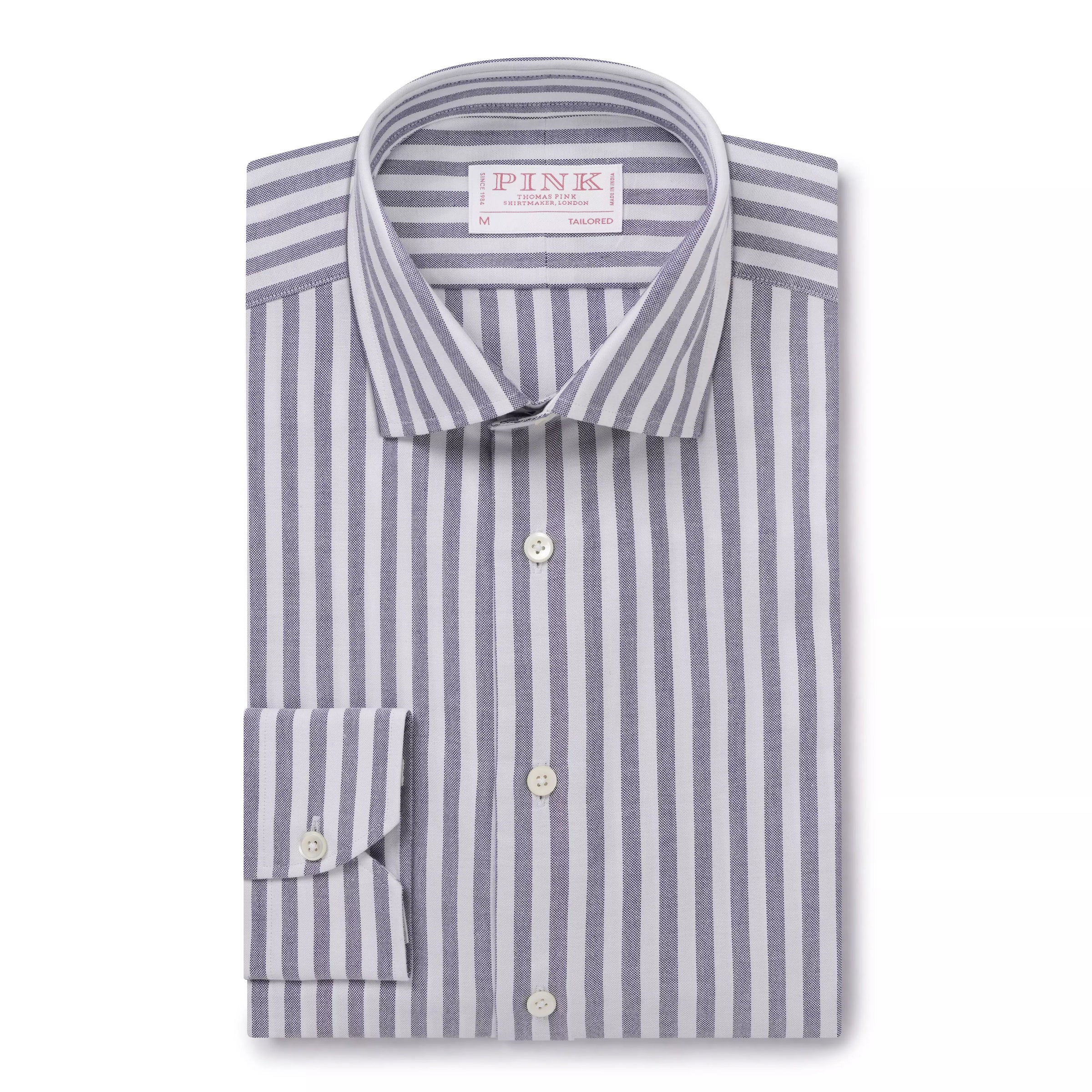 Navy Blue & White Tailored Fit Smart Casual Striped Oxford Shirt